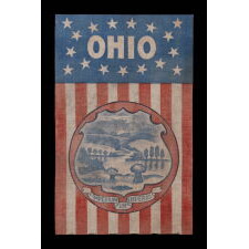 RARE AND UNUSUAL PARADE FLAG BANNER WITH 17 STARS ON A BLUE GROUND AND THE 1866 VERSION OF THE OHIO STATE SEAL ON A GROUND OF 13 RED AND WHITE STRIPES, MADE CA 1890 -1905, EXHIBITED JUNE-SEPT., 2021 AT THE MUSEUM OF THE AMERICAN REVOLUTION