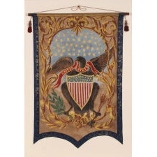 HAND-PAINTED BANNER WITH FLORIATED SCROLLWORK SURROUNDING A WHIMSICALLY PAINTED FEDERAL EAGLE, WITH 46 STYLIZED STARS ABOVE AND 34 STARS ON ITS 21-STRIPE SHIELDED BREAST, circa 1907-1912