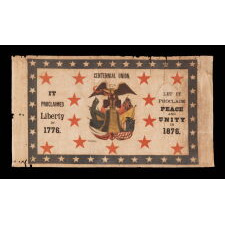 RARE 1876 CENTENNIAL BANNER WITH PATRIOTIC PHRASES, AN EAGLE, CARRYING THE LIBERTY BELL AMIDST TIPPED FLAGS OF 6 NATIONS, AND 13 LARGE, RED STARS, ALL SET WITHIN A BLUE BORDER WITH 37 WHITE STARS