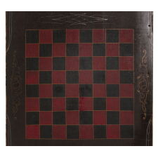 CARRIAGE-PAINTED CHECKERBOARD OF EXTRAORDINARY LENGTH, HIGHLY UNUSUAL AND WITH EXTRAORDINARY PAINT SURFACE, SINGLE PLANK CONSTRUCTION WITH BREADBOARDED ENDS, USED TO CUT FABRIC ON THE REVERSE, circa 1860-1880