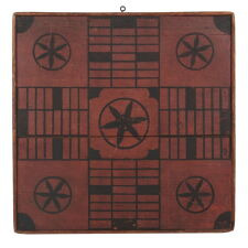 AMERICAN PARCHEESI BOARD IN SALMON & BLACK PAINT, WITH DUTCH STYLE PINWHEEL DECORATION, EXCEPTIONAL SURFACE, GREAT GRAPHICS, AND IMPRESSIVE SCALE, circa 1830-1850