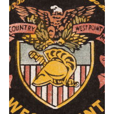 UNUSUAL, ROUND, FELT PATCH OR STEIN COASTER, WITH CRIMPED BORDER AND THE ARMS OF THE UNITED STATES MILITARY ACADEMY AT WEST POINT, circa 1920’s - 1950’s