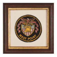 UNUSUAL, ROUND, FELT PATCH OR STEIN COASTER, WITH CRIMPED BORDER AND THE ARMS OF THE UNITED STATES MILITARY ACADEMY AT WEST POINT, circa 1920’s - 1950’s
