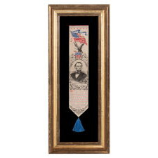 EXTREMELY LARGE STEVENSGRAPH BOOKMARK WITH AN IMAGE OF ABRAHAM LINCOLN, MADE IN NEW JERSEY BY THE PHOENIX MANUFACTURING COMPANY, EITHER FOR THE 1876 CENTENNIAL INTERNATIONAL EXHIBITION IN PHILADELPHIA, OR THE 1893 WORLD COLUMBIAN EXPO IN CHICAGO
