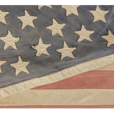 49 STARS ON A VINTAGE, HOMEMADE AMERICAN FLAG WITH ITS CANTON RESTING ON THE WAR STRIPE AND NUMEROUS REPAIRS FORM OBVIOUS LONG-TERM USE; REFLECTS THE ADDITION OF ALASKA IN 1959; OFFICIAL FOR JUST ONE YEAR
