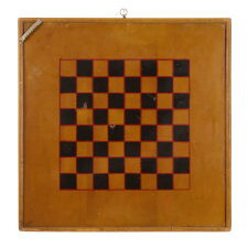 PAINT-DECORATED "SNOWFLAKE" PARCHEESI GAMEBOARD IN CHEDDAR YELLOW & RED, circa 1885