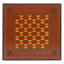 7-COLOR, CARRIAGE-PAINTED, AMERICAN PARCHEESI GAMEBOARD WITH A SPANISH BROWN / TOMATO RED GROUND AND FANCIFUL SCROLLWORK MEDALLIONS, circa 1875