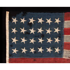 24 STAR ANTIQUE AMERICAN FLAG, MADE IN THE PERIOD WHEN MISSOURI WAS THE MOST RECENT STATE TO JOIN THE UNION, 1821-1836, EXTRAORDINARILY RARE, WITH ITS CANTON RESTING ON THE “WAR STRIPE” OR “BLOOD STRIPE, AND IN A REMARKABLY TINY SCALE AMONG FLAGS OF THIS ERA