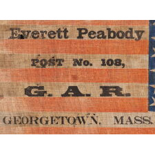 40 STAR ANTIQUE AMERICAN FLAG, AN EXTREMELY RARE COUNT REFLECTING THE ADDITION OF SOUTH & NORTH DAKOTA ON NOVEMBER 2ND, 1889, ACCURATE FOR JUST 6 DAYS; WITH OVERPRINTED ADVERTISING FOR A CIVIL WAR VERTERN’S UNIT IN GEORGETOWN, MASSACHUSETTS; ILLUSTRATED IN “THE STARS & STRIPES: FABRIC OF THE AMERICAN SPIRIT” by RICHARD PIERCE (2005); EXHIBITED JUNE- SEPT., 2021 AT THE MUSEUM OF THE AMERICAN REVOLUTION