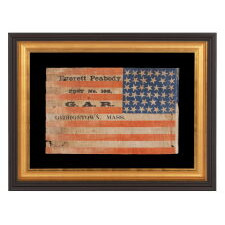 40 STAR ANTIQUE AMERICAN FLAG, AN EXTREMELY RARE COUNT REFLECTING THE ADDITION OF SOUTH & NORTH DAKOTA ON NOVEMBER 2ND, 1889, ACCURATE FOR JUST 6 DAYS; WITH OVERPRINTED ADVERTISING FOR A CIVIL WAR VERTERN’S UNIT IN GEORGETOWN, MASSACHUSETTS; ILLUSTRATED IN “THE STARS & STRIPES: FABRIC OF THE AMERICAN SPIRIT” by RICHARD PIERCE (2005); EXHIBITED JUNE- SEPT., 2021 AT THE MUSEUM OF THE AMERICAN REVOLUTION