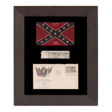 SMALL PARADE FLAG IN A RECTANGULAR, SOUTHERN CROSS FORM OF THE CONFEDERATE “BATTLE FLAG”, MADE FOR THE LAST REUNION OF UNITED CONFEDERATE VETERANS (U.C.V.) IN 1951, AT NORFOLK, VIRGINIA, ACCOMPANIED BY A U.S.P.S. FIRST DAY COVER AND (2) 3-CENT STAMPS, PRODUCED TO COMMEMORATE THE EVENT