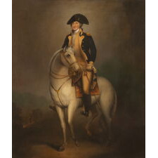 “EQUESTRIAN WASHINGTON,” OIL ON CANVAS PAINTING OF GEORGE WASHINGTON ON BLUESKIN, AFTER REMBRANDT PEALE, circa 1830-1850 (POSSIBLY PRIOR)