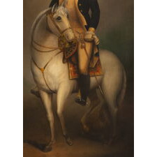 “EQUESTRIAN WASHINGTON,” OIL ON CANVAS PAINTING OF GEORGE WASHINGTON ON BLUESKIN, AFTER REMBRANDT PEALE, circa 1830-1850 (POSSIBLY PRIOR)