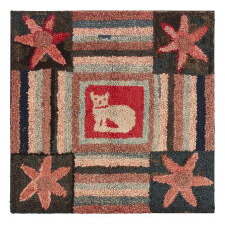 LARGE HOOKED RUG WITH A SEATED CAT AS THE HOME SQUARE OF A DESIGN STYLED AFTER A PARCHEESI GAME BOARD, WITH STAR-LIKE, 6-PETAL FLOWERS IN EACH CORNER; WOOL & COTTON ON BURLAP, PROBABLY PENNSYLVANIA, MENNONITE, circa 1880-1910