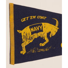 UNITED STATES NAVAL ACADEMY PENNANT WITH "BILL THE GOAT" MASCOT AND WHIMSICAL LETTERING, circa 1930-1950’s