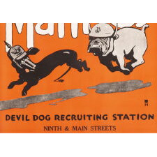 WWI U.S. MARINE CORPS RECRUITING POSTER, ILLUSTRATED BY CHARLES B. FALLS, DEPICTING THE CORPS AS A BULL DOG, CHASING GERMANY, REPRESENTED AS A DASCHUND, BENEATH A SLOGAN THAT REPRESENTS ONE OF THE FIRST GRAPHIC USES OF THE NICKNAME “DEVIL DOGS,” circa 1918