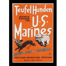 WWI U.S. MARINE CORPS RECRUITING POSTER, ILLUSTRATED BY CHARLES B. FALLS, DEPICTING THE CORPS AS A BULL DOG, CHASING GERMANY, REPRESENTED AS A DASCHUND, BENEATH A SLOGAN THAT REPRESENTS ONE OF THE FIRST GRAPHIC USES OF THE NICKNAME “DEVIL DOGS,” circa 1918