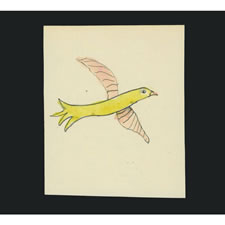 LANCASTER COUNTY, PENNSYLVANIA GERMAN WATERCOLOR ON PAPER OF A FLYING YELLOW BIRD WITH PINK WINGS, LIKELY BY A CHILD, CIRCA 1830-1860