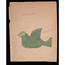 LANCASTER COUNTY, PENNSYLVANIA GERMAN WATERCOLOR OF A GREEN BIRD, ON THE END PAPER OF A BOOK, WITH A STAMPED SIGNATURE THAT READS: “E.S. KAUFFMAN,” CIRCA 1840-1860