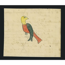 LANCASTER COUNTY, PENNSYLVANIA GERMAN WATERCOLOR OF A STANDING YELLOW BIRD WITH A RED HEAD AND BLUE WINGS, ON THE REVERSE OF A JOURNAL PAGE, LIKELY BY A CHILD, DATED 1848