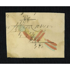 LANCASTER COUNTY, PENNSYLVANIA GERMAN WATERCOLOR OF A RED, YELLOW, AND BLUE BIRD, PROBABLY BY A CHILD, ON THE PAGE OF A LEDGER OR MATH JOURNAL, circa 1840-1860