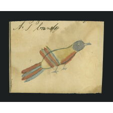 LANCASTER COUNTY, PENNSYLVANIA GERMAN WATERCOLOR OF A RED, YELLOW, AND BLUE BIRD, PROBABLY BY A CHILD, ON THE PAGE OF A LEDGER OR MATH JOURNAL, circa 1840-1860