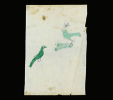 LANCASTER PENNSYLVANIA GERMAN WATERCOLOR OF TWO SMALL GREEN BIRDS, CA 1840-60
