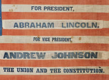 1864 LINCOLN & JOHNSON PRESIDENTIAL CAMPAIGN PARADE FLAG, RECYCLED FROM AN 1860 JOHN BELL, CONSTITUTIONAL UNION PARTY FLAG, WITH 35 STARS ARRANGED IN A UNIQUE VARIANT OF A "PENTAGON" OR "HEART" MEDALLION