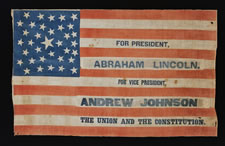 1864 LINCOLN & JOHNSON PRESIDENTIAL CAMPAIGN PARADE FLAG, RECYCLED FROM AN 1860 JOHN BELL, CONSTITUTIONAL UNION PARTY FLAG, WITH 35 STARS ARRANGED IN A UNIQUE VARIANT OF A "PENTAGON" OR "HEART" MEDALLION