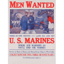 EXTRAORDINARY MARINE CORPS RECRUITMENT POSTER BY SIDNEY RIESENBERG (1885-1971), WITH SHARPLY APPOINTED OFFICERS STROLLING IN AN EXOTIC LOCAL, LIKELY DERNA OR MARRAKESH (i.e., “THE SHORES OF TRIPOLI”), circa 1913-1918