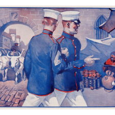 EXTRAORDINARY MARINE CORPS RECRUITMENT POSTER BY SIDNEY RIESENBERG (1885-1971), WITH SHARPLY APPOINTED OFFICERS STROLLING IN AN EXOTIC LOCAL, LIKELY DERNA OR MARRAKESH (i.e., “THE SHORES OF TRIPOLI”), circa 1913-1918