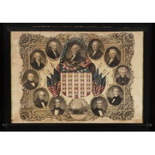 MEXICAN WAR ERA SCROLLING BROADSIDE, WITH DYNAMIC IMAGERY THAT FEATURES THE FIRST 11 AMERICAN PRESIDENTS AND 28 STATE SEALS; PRODUCED BY AUGUSTUS MITCHELL & PETER S. DUVAL OF PHILADELPHIA DURING THE ERA WHEN TEXAS WAS THE MOST RECENT STATE TO JOIN THE UNION, circa 1845-46