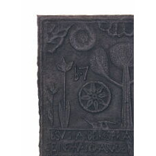 MID-18th CENTURY CAST IRON FIRE BACK WITH A LARGE, THREE-LIMBED TREE, A PLOW, TULIPS, AND BIBLICAL VERSE; ATTRIBUTED TO IRONMASTER THOMAS MAYBURY AT HEREFORD FURNACE, BERKS COUNTY, PENNSYLVANIA, DATED 1747