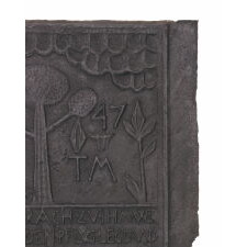 MID-18th CENTURY CAST IRON FIRE BACK WITH A LARGE, THREE-LIMBED TREE, A PLOW, TULIPS, AND BIBLICAL VERSE; ATTRIBUTED TO IRONMASTER THOMAS MAYBURY AT HEREFORD FURNACE, BERKS COUNTY, PENNSYLVANIA, DATED 1747