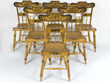 MID-19TH CENTURY, PAINT-DECORATED CHAIRS, MUSTARD YELLOW WITH LINEAR STRIPED BACKGROUNDS