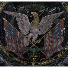 MONUMENTAL, HAND-PAINTED & BLOCK-PRINTED BANNER, MADE FOR THE 1876 CENTENNIAL INTERNATIONAL EXPOSITION IN PHILADELPHIA, WITH A SPREAD-WINGED EAGLE, CROSSED FLAGS, AND THE NAMES OF 37 STATES; EXTREMELY RARE; ARGUABLY THE MOST ELABORATE OF ALL KNOWN TEXTILES PRODUCED FOR THE EVENT