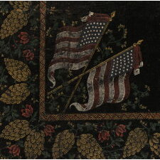 MONUMENTAL, HAND-PAINTED & BLOCK-PRINTED BANNER, MADE FOR THE 1876 CENTENNIAL INTERNATIONAL EXPOSITION IN PHILADELPHIA, WITH A SPREAD-WINGED EAGLE, CROSSED FLAGS, AND THE NAMES OF 37 STATES; EXTREMELY RARE; ARGUABLY THE MOST ELABORATE OF ALL KNOWN TEXTILES PRODUCED FOR THE EVENT