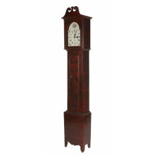 NARROW PROFILE TALL CASE CLOCK, WITH WORKS ATTRIBUTED TO CINCINNATI CLOCK-MAKER LUMMAN WATSON, BEAUTIFULLY COMB-DECORATED IN RED OVER BLACK, WITH AN EXTREMELY UNUSUAL BASE THAT FEATURES A WHIMSICALLY INVERTED TAPER, POSSIBLY OF KENTUCKY OR TENNESSEE ORIGIN, circa 1810-1834