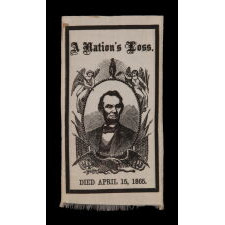 "A NATION'S LOSS": SILK, 1865, ABRAHAM LINCOLN MOURNING RIBBON IN AN ESPECIALLY ATTRACTIVE PORTRAIT DESIGN