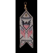 NATIVE AMERICAN BEADED WATCH FOB WITH A STYLIZED FEDERAL EAGLE & SHIELD AND CROSSED AMERICAN FLAGS, circa 1915-1920’s