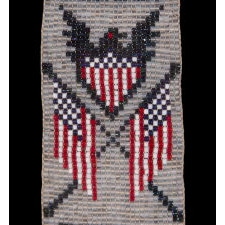 NATIVE AMERICAN BEADED WATCH FOB WITH A STYLIZED FEDERAL EAGLE & SHIELD AND CROSSED AMERICAN FLAGS, circa 1915-1920’s