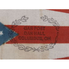 OHIO STATE FLAG WITH CIVIL WAR VETERANS' OVERPRINT FROM THE GRAND ARMY OF THE REPUBLIC POST IN COLUMBUS, MADE IN MOURNING OF THE 1925 PASSING OF NATIONAL G.A.R. COMMANDER IN CHIEF DANIEL M. HALL, WHO ALSO SERVED AS COMMANDER OF THE OHIO DEPARTMENT OF THE G.A.R., AS WELL AS THE LOCAL CHAPTER