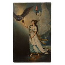 OIL ON WOODEN PANEL, UNSIGNED, CIRCA 1810-1830’S; THIS VIEW AFTER A 1796 ENGRAVING BY EDWARD SAVAGE (1761-1817): “LIBERTY IN THE FORM OF THE GODDESS OF YOUTH, GIVING SUPPORT TO THE BALD EAGLE”