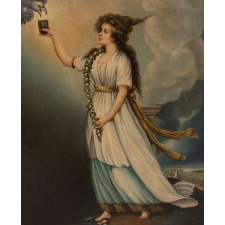 OIL ON WOODEN PANEL, UNSIGNED, CIRCA 1810-1830’S; THIS VIEW AFTER A 1796 ENGRAVING BY EDWARD SAVAGE (1761-1817): “LIBERTY IN THE FORM OF THE GODDESS OF YOUTH, GIVING SUPPORT TO THE BALD EAGLE”