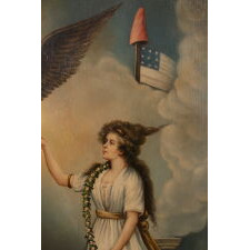 OIL ON WOODEN PANEL, UNSIGNED, CIRCA 1810-1830’S; THIS VIEW AFTER A 1796 ENGRAVING BY EDWARD SAVAGE (1761-1817): “LIBERTY IN THE FORM OF THE GODDESS OF YOUTH, GIVING SUPPORT TO THE BALD EAGLE”