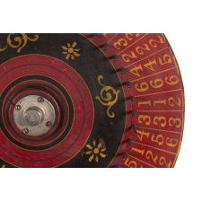 PAINT-DECORATED, 19TH CENTURY, GAME WHEEL IN SCARLET RED, CHROME YELLOW, AND BLACK, WITH EXCEPTIONAL GRAPHICS AND SURFACE, circa 1880