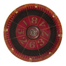 PAINT-DECORATED, 19TH CENTURY, GAME WHEEL IN SCARLET RED, CHROME YELLOW, AND BLACK, WITH EXCEPTIONAL GRAPHICS AND SURFACE, circa 1880