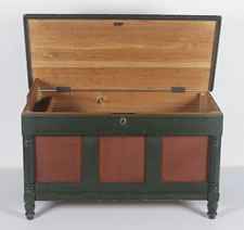 PAINT-DECORATED PENNSYLVANIA BLANKET CHEST, FOREST GREEN AND SALMON RED, FOUND IN UPPER BERN TOWNSHIP, SHARTLESVILLE, BERKS COUNTY, 1830-50