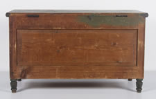 PAINT-DECORATED PENNSYLVANIA BLANKET CHEST, FOREST GREEN AND SALMON RED, FOUND IN UPPER BERN TOWNSHIP, SHARTLESVILLE, BERKS COUNTY, 1830-50