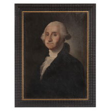 PAINTING OF GEORGE WASHINGTON IN OIL ON CANVAS, AN EARLY EXAMPLE, RENDERED circa 1830-1850's, A VERY PLEASING AND WELL-EXECUTED COPY OF GILBERT STUART'S ATHENAEUM PORTRAIT